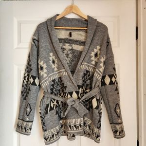 Stetson Chunky Knit Cardigan Sweater Medium Grey Belt Tie Robe Aztec Print